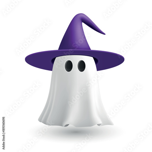 Vector 3d White Ghost with Witch Hat. Cute Simple White Ghost Vector Illustration. Halloween Ghost Character with Purple Wizard Hat and Floating Sheet, Isolated. Design Template for Halloween