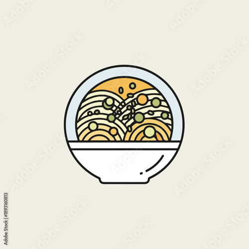 A digital illustration of a bowl of ramen noodles in a white bowl with a yellow and green broth. Perfect for food blogs, restaurant menus, and culinary websites.