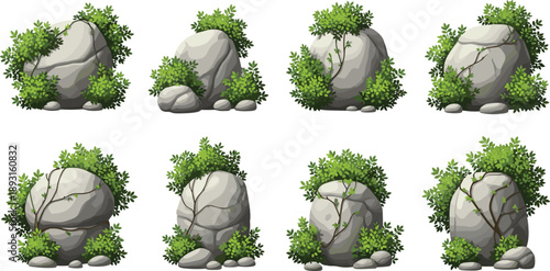 Cartoon stone rocks with green bushes and plants isolated on white background vector set for nature landscape game assets