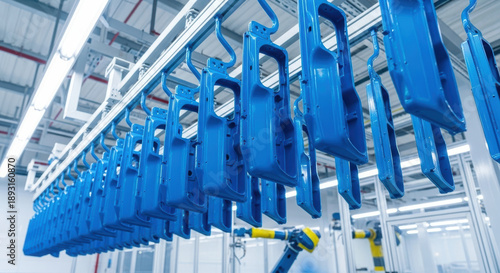 Automated robotic assembly line with blue industrial components hanging on conveyor system in modern factory workshop for high volume metal part manufacturing