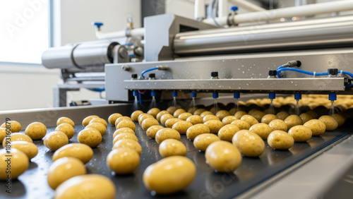 Automated potato washing and sorting line with conveyor belt in modern food processing facility, fresh clean potatoes aligned under water sprayers in industrial production system