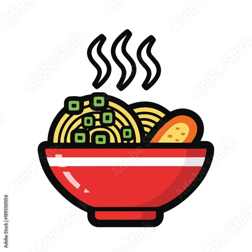 A cartoon-style illustration of a steaming bowl of ramen noodles with vegetables and a slice of bread. Perfect for food blogs, restaurant menus, and culinary advertisements.