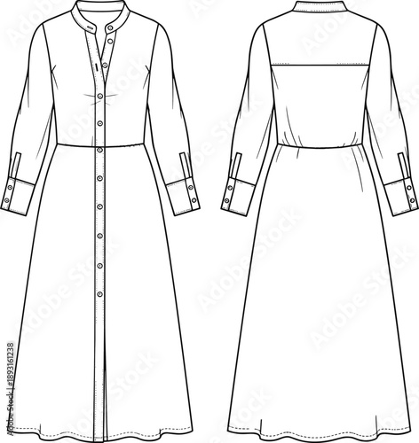 Technical fashion flat sketch of long sleeve button front maxi dress, front and back views, detailed vector line art for apparel design