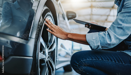 Mechanic Inspecting a Car Wheel and Tire During a Vehicle Inspection.