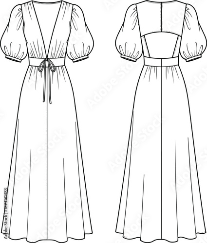 Technical fashion flat sketch of puff sleeve wrap maxi dress, front and back views, elegant vector line art for womens apparel design and sewing patterns