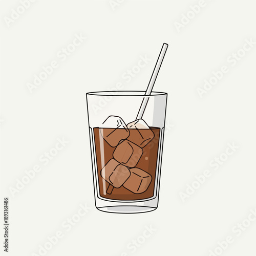 A digital illustration of a glass filled with brown liquid and ice cubes, with a straw inserted. Perfect for drinks, beverages, and refreshment menus.