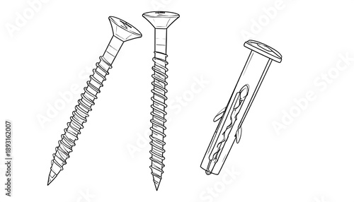 Line art illustration of three fasteners two screws and a wall anchor, isolated on white