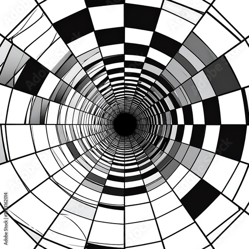 Perspective view down a swirling, geometric tunnel with grayscale squares and a black center