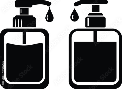 Black Liquid Soap Dispenser Bottles with Droplets Vector Icon Set