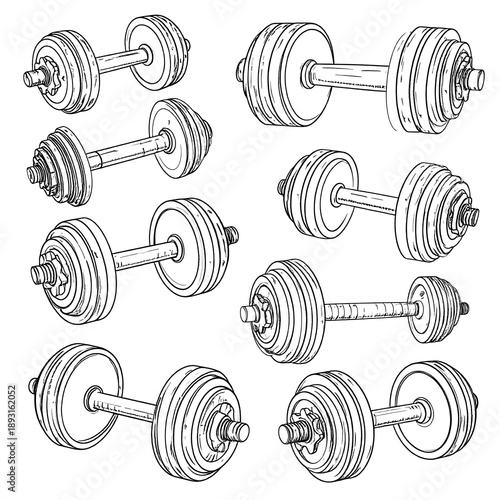Line art illustration of ten different stylized dumbbells, showcasing various weights and designs