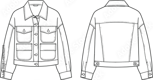 Technical fashion illustration of utility denim jacket with multiple pockets, front and back views, clean line art vector for apparel design template mockup