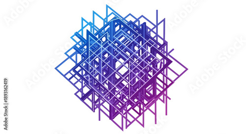 Abstract 3D wireframe structure creating a complex geometric grid, representing digital connectivity and advanced systems on an isolated white background