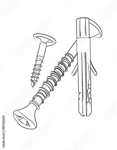 Line art illustration showing two screws and a wall anchor, isolated on a white background