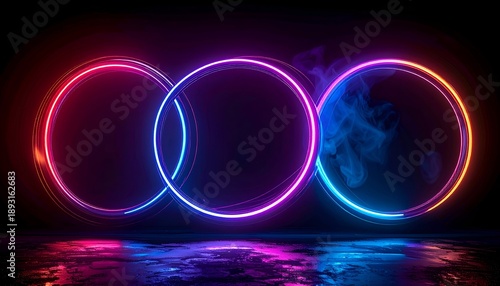 Three neon rings intersect, casting colorful light and smoke