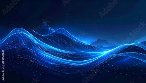 Abstract blue waves flow over distant mountains under a starry night