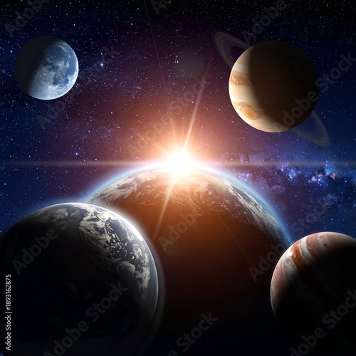 Celestial scene with multiple planets, rings, and bright star flare