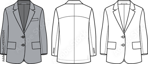 Women's Single Button Blazer Fashion Technical Sketch, Professional Suit Jacket Flat Vector Illustration
