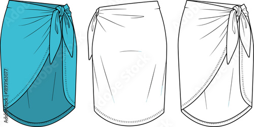 Women's Sarong Wrap Skirt Flat Vector Illustration - Knot Tie Summer Beach Skirt Technical Sketch
