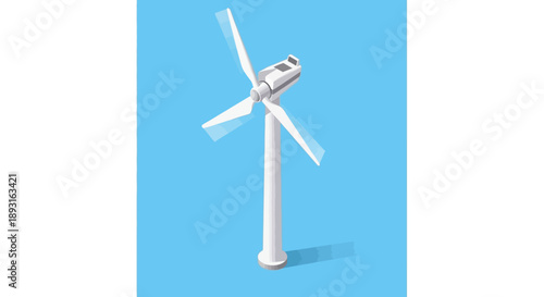 Isometric wind turbine generating clean renewable energy on a solid blue background, sustainable technology.