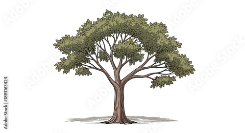 Large mature tree with dense green canopy and visible roots, isolated white background, natural beauty.