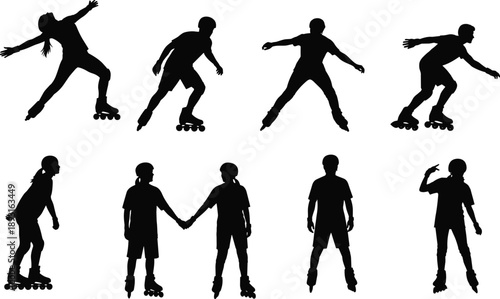 Roller skating silhouette illustration showing kids and children in dynamic inline skating poses, active youth sport movement, balance, fitness, recreation concept set