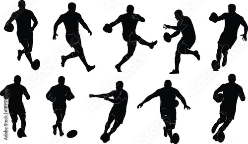 Rugby player silhouette illustration set showing dynamic running passing and tackling actions with oval ball, team sport motion, athletic strength, competitive match poses