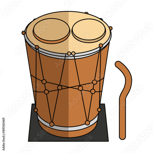 A drum with two heads and a drumstick sits on a stand.