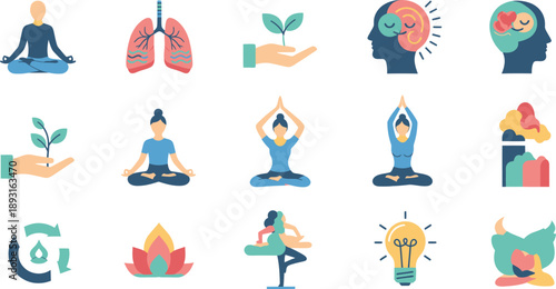 Wellness and mindfulness icons featuring various yoga poses and healthy habits