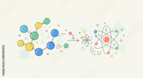Scientific diagram showing chemical molecules transforming into an atom structure, conceptual chemistry illustration.