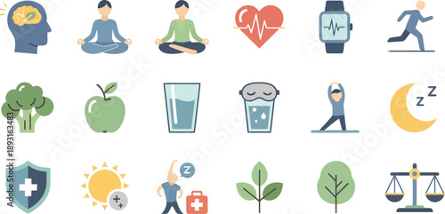 A collection of colorful wellness and health related icons and symbols