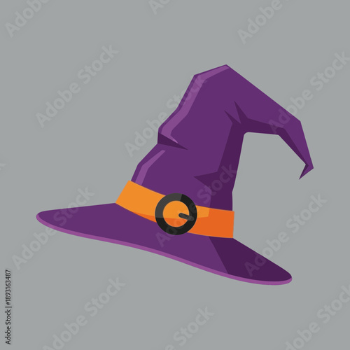 A purple witch hat with an orange band and black buckle.