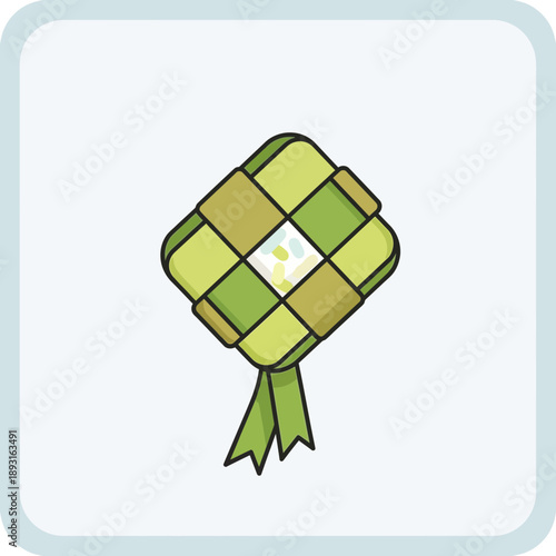 Woven diamond shape with rice inside and green ribbon hanging down.