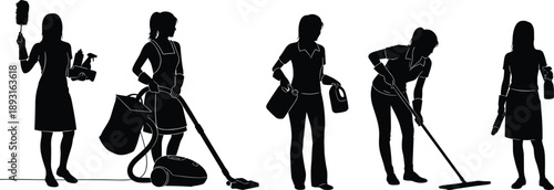 Silhouettes of professional cleaning workers using vacuum, mop, and spray bottles, housekeeping and janitorial staff isolated on white background for hygiene service concepts