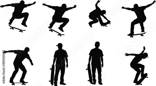 Skateboarder silhouette collection featuring street skating tricks, jumps and freestyle poses isolated on white background for urban sport, youth culture and action design