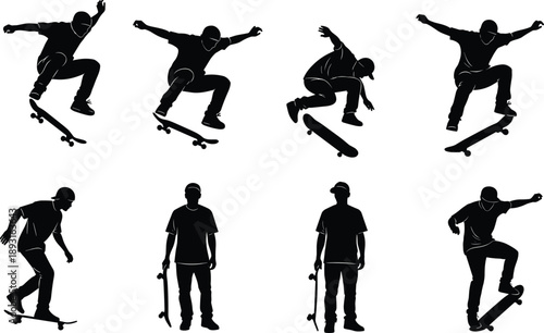 Skateboarder silhouette illustration set showing street skateboarding tricks, jump and flip action poses, urban extreme sport lifestyle, youth culture, black vector design collection