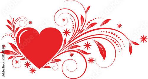 Red heart with decorative floral swirls and romantic flourishes vector illustration for valentine wedding love background design