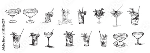 Mojito cocktails bar doodle icon set