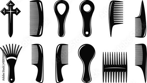 Black silhouette collection of combs and hairbrushes with diverse designs, showcasing grooming tools for styling, beauty, fashion, and culture