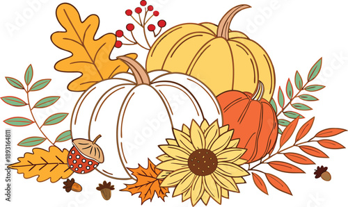 A festive autumn still life illustration featuring ripe orange pumpkins and fallen leaves, perfect for a Thanksgiving harvest or Halloween holiday design
