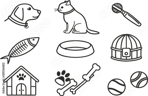 Vector art illustration set of cartoon dog icons and pet symbols in a sketch design