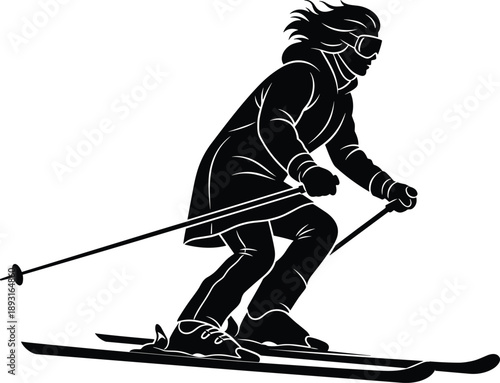 Dynamic skier silhouette racing downhill with poles winter sport action black and white vector illustration adventure outdoor motion