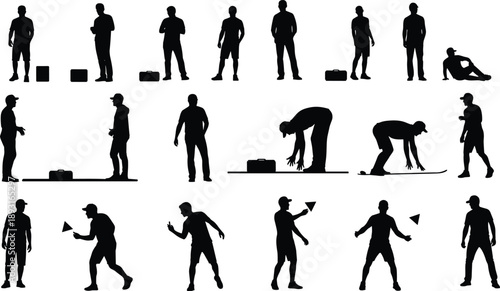 Silhouette sequence of person interacting with objects, illustrating human motion, lifting, signaling, and communication in instructional or conceptual design