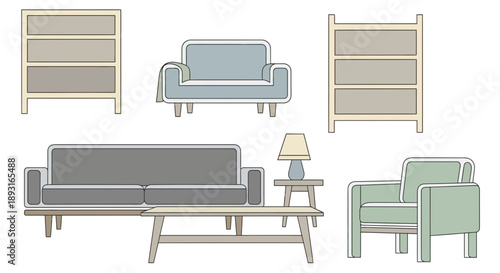 Modern Furniture Set: Sofa, Armchairs, Shelves, Table Lamp