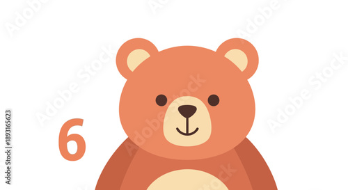 Cute Cartoon Bear with Number 6, Kids Illustration