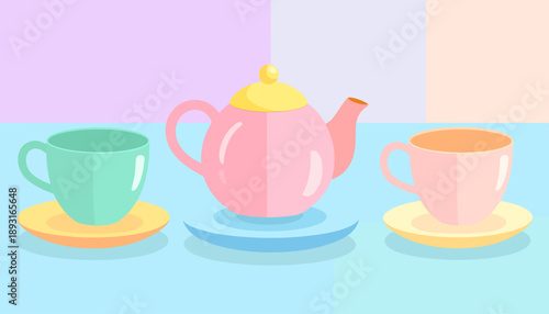 Teapot and Tea Cups, Cute Tableware Illustration