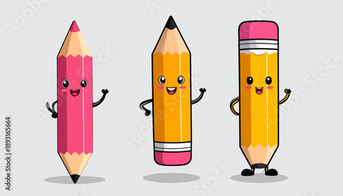 Cartoon Pencils Waving Hand on White Background