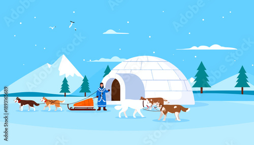 Eskimo Sled Dog Team at Igloo in Snowy Landscape