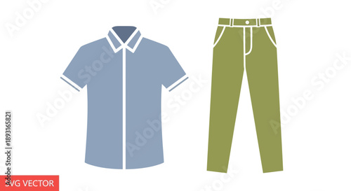 Men's Casual Outfit: Blue Short Sleeve Shirt and Green Pants