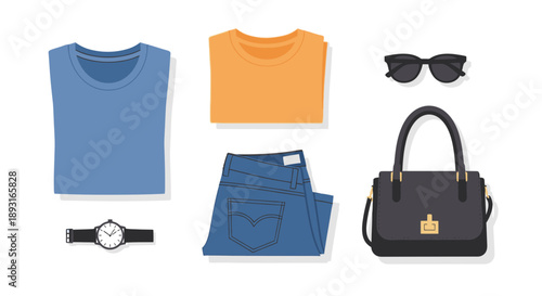 Flat lay of casual women's fashion items: t-shirts, jeans, handbag, watch