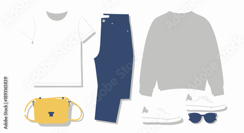 Casual Outfit Flat Lay: T-shirt, Jeans, Sweater, Sneakers, Bag, Sunglasses